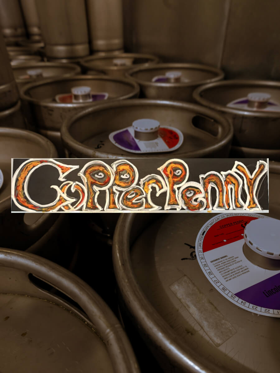 Kegs full of Copper Penny beer, which is a Red Lager.