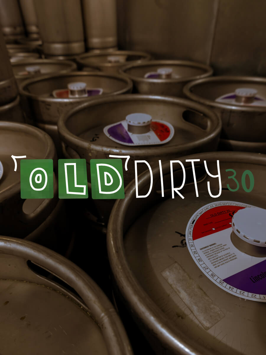 Kegs full of a premium bitter beer named Old Dirty 30.